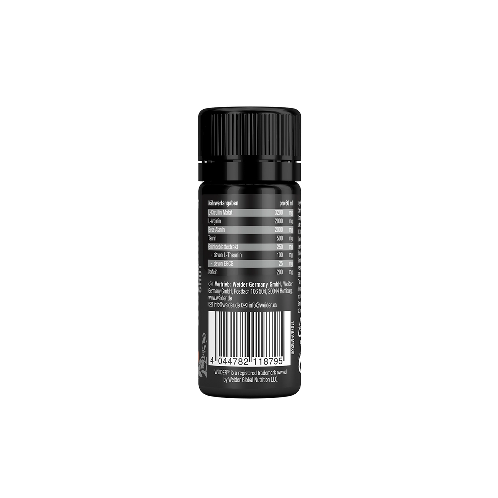 WEIDER Premium Pre-Workout Shot 60 ml - етикет с информация