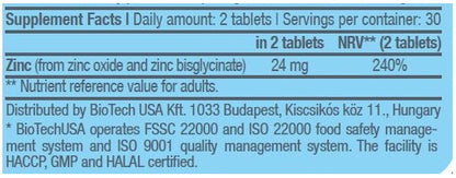 BIOTECH USA Zinc  + Chelate - 60 Tabs