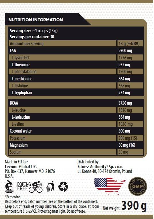 KEVIN LEVRONE Gold Line | Gold EAAmino | Essential Amino Acids + Electrolytes - 390 gr